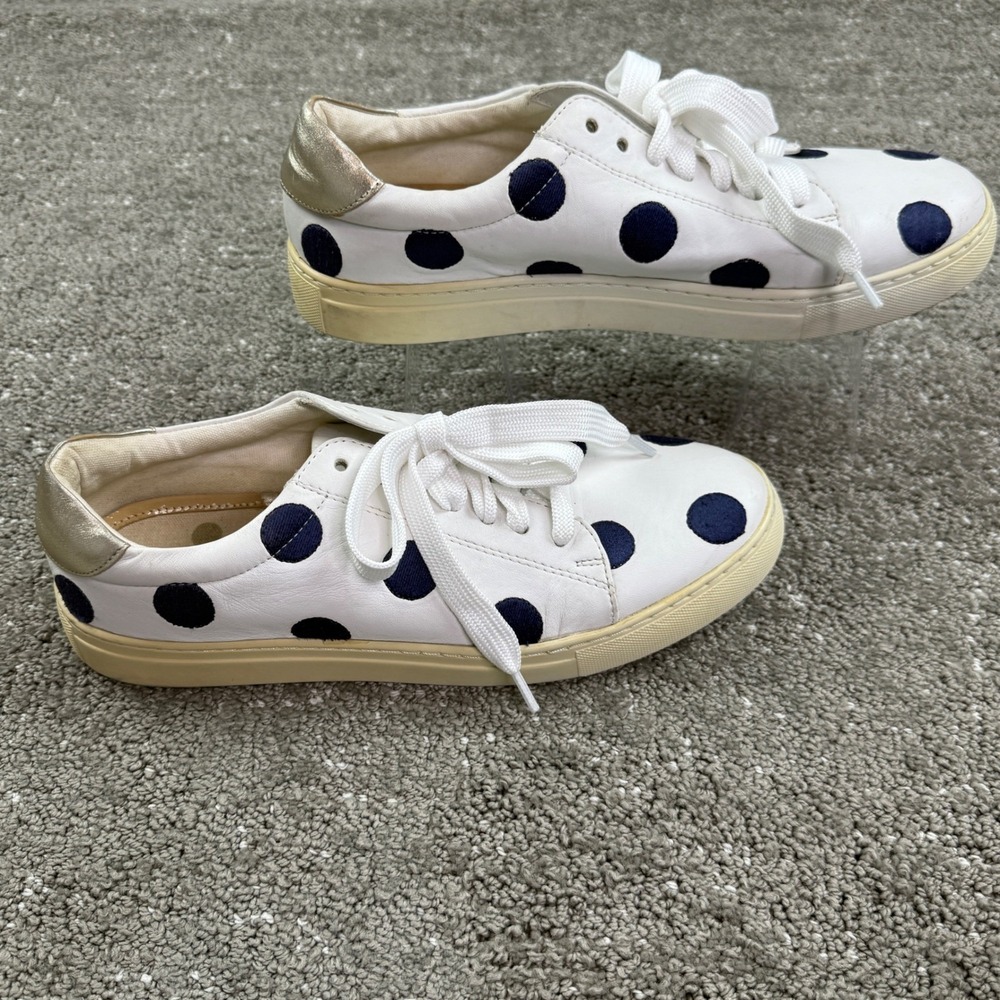 Boden Womens US 10.5 EU 42 Leather Sneakers White Navy Polka Dot Gold Low Top